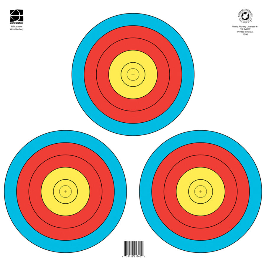 Maple Leaf Official World Archery 40cm, 3-Spot, Target Face (FT-3x40W)-Canada Archery Online